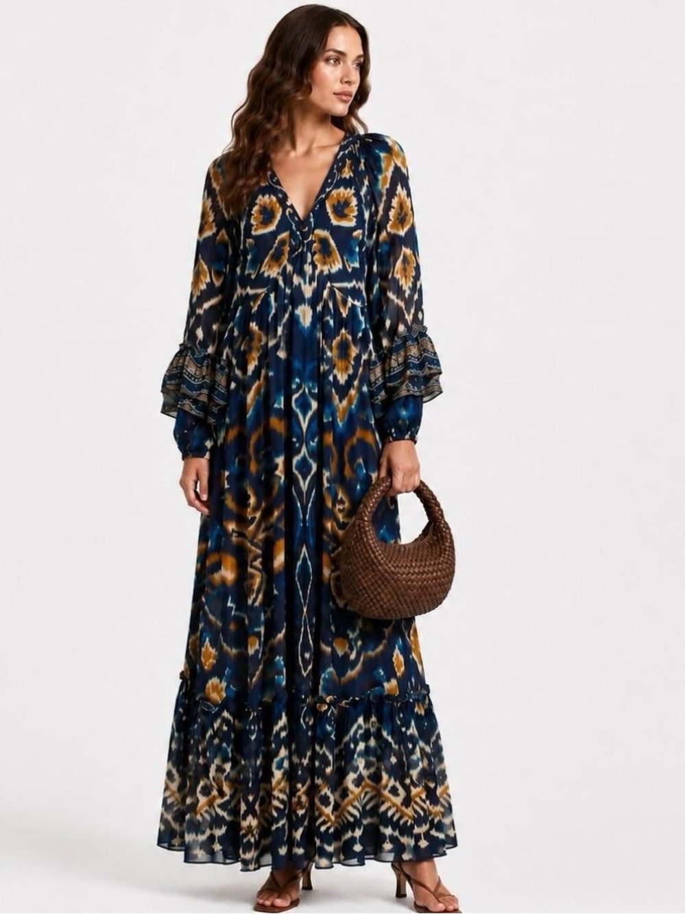 FARM Rio Pineapple Blue Ikat Maxi Dress Boho Long Sleeve Altered Length Small - Picture 2 of 16